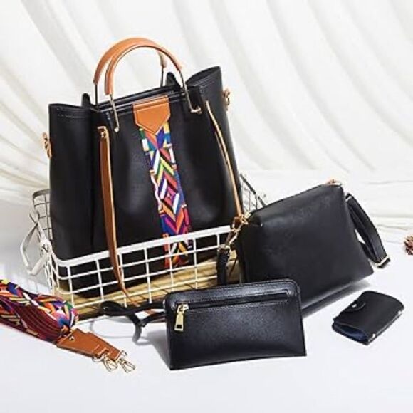 GRACE FASHION Women’s 4 in 1 PU Leather Handbag in Black Multi - Picture 12 of 12